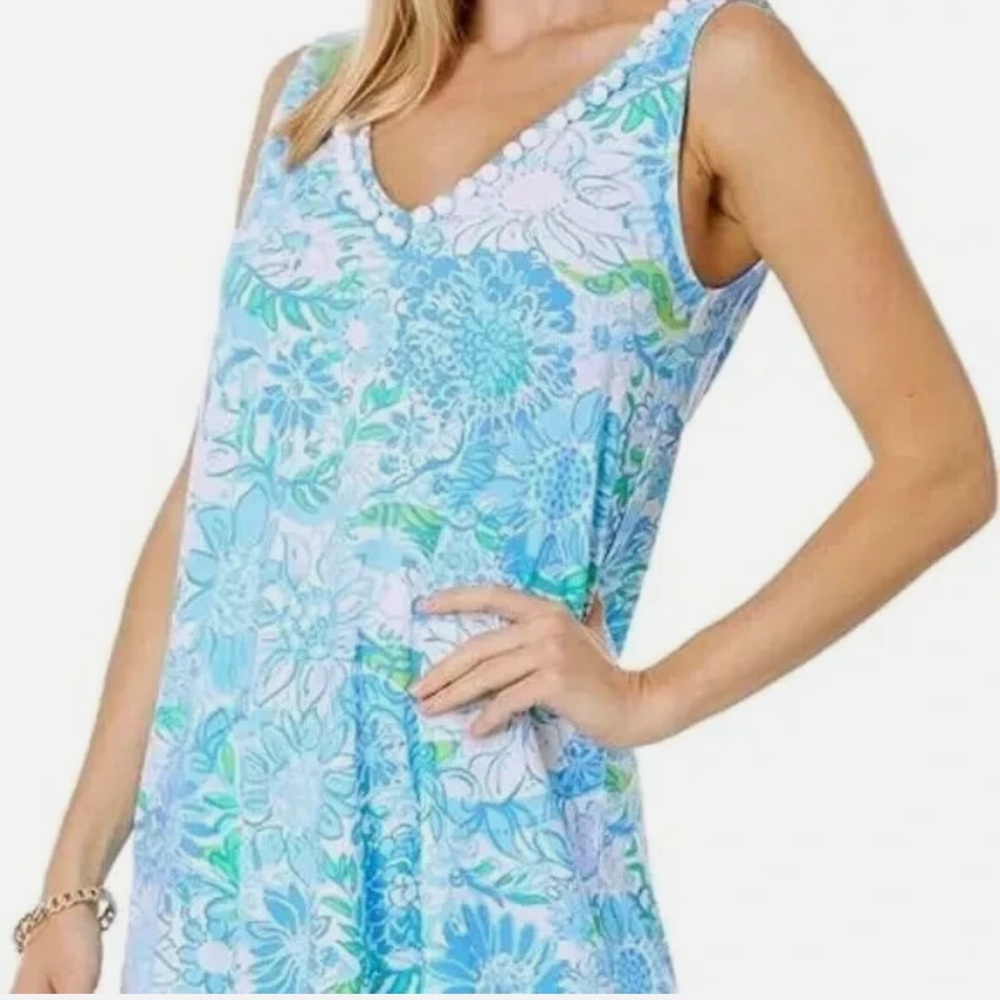 Lilly Pulitzer SZ M Camilla Swing Dress Pom Pom V Neck Frenchie Blue Suns Out